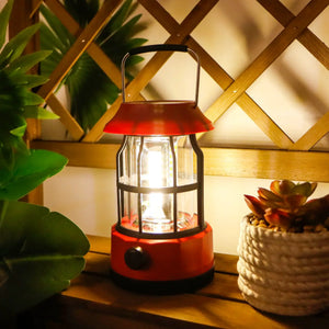 Set of 2 LED solar camping lanterns by JHY DESIGN, red base with black metal frame, dimmable.