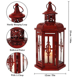 10-inch Vintage Hanging Lantern, red distressed metal with glass panels and hanging loop