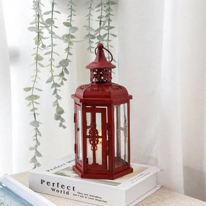 10-inch vintage hanging lantern, red metal with black brush accents, decorative candle lantern