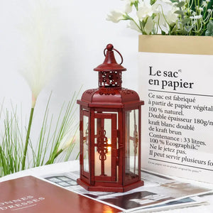 Decorative candle lantern, 10-inch vintage hanging red metal with glass panels