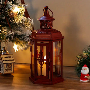 10-inch vintage hanging lantern, red metal decorative candle lantern with glass panels and a lit candle inside