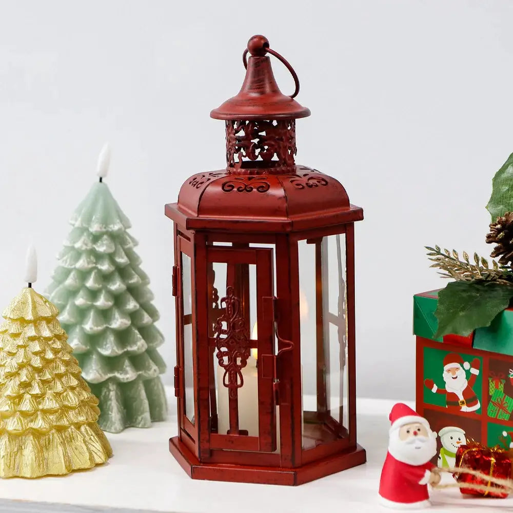 Decorative vintage 10-inch hanging lantern, red metal with glass panels.