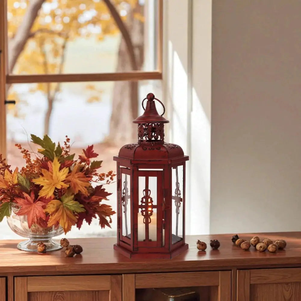Vintage red metal hanging lantern by JHY DESIGN with glass panels.