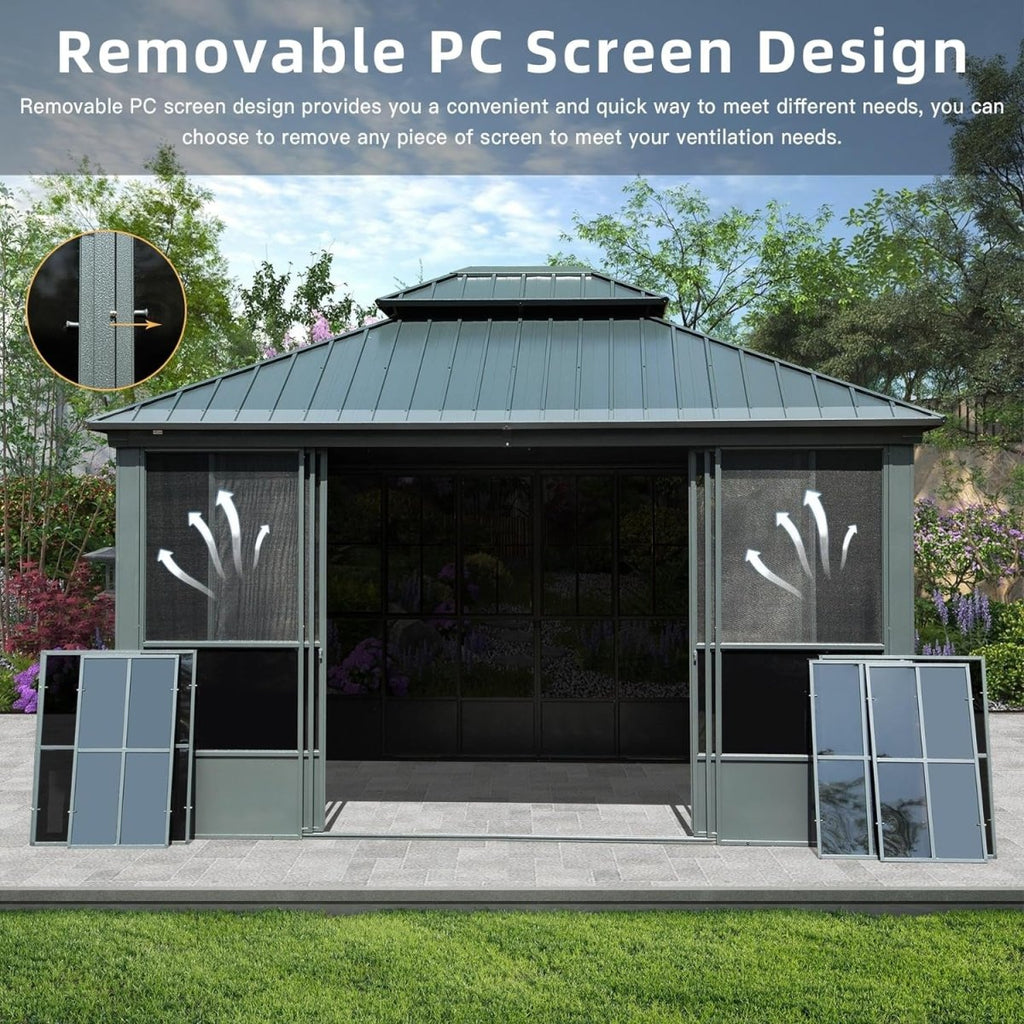 [12x14FT] Large Heavy Duty All-Season Steel Top Aluminum Double Roof Backyard Gazebo (SAK97284)