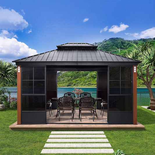 [12x14FT] Large Heavy Duty Outdoor Aluminum Patio Hard Double Steel Top Backyard Sun Room Gazebo (94625371)