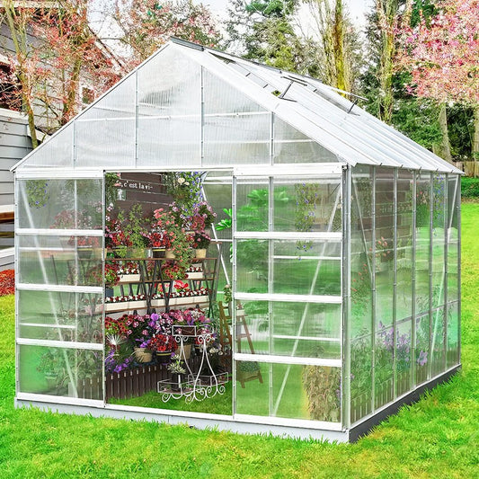 [10x12FT] Large Heavy Duty Outdoor Walk-In Polycarbonate Aluminum Frame Greenhouse With Adjustable Vents & Sliding Doors (SAK93648)