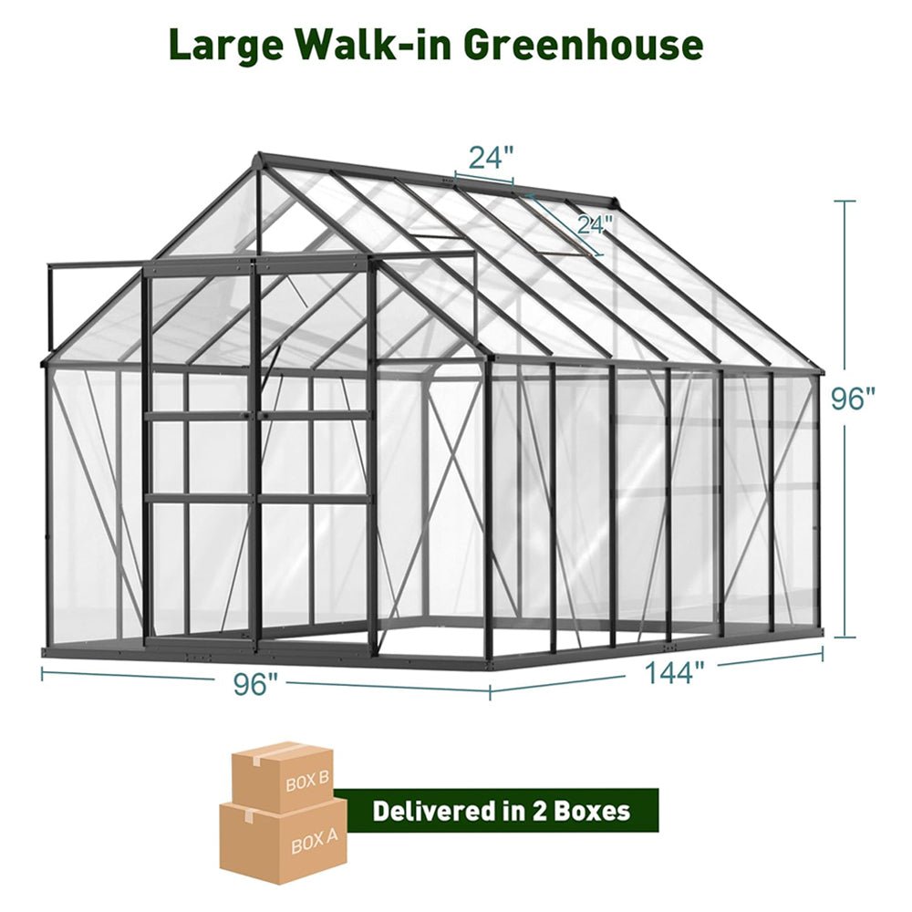 [08x12FT] Large Heavy Duty Outdoor Walk-In Polycarbonate Greenhouse Kit With Adjustable Vents And Sliding Doors (95736851)