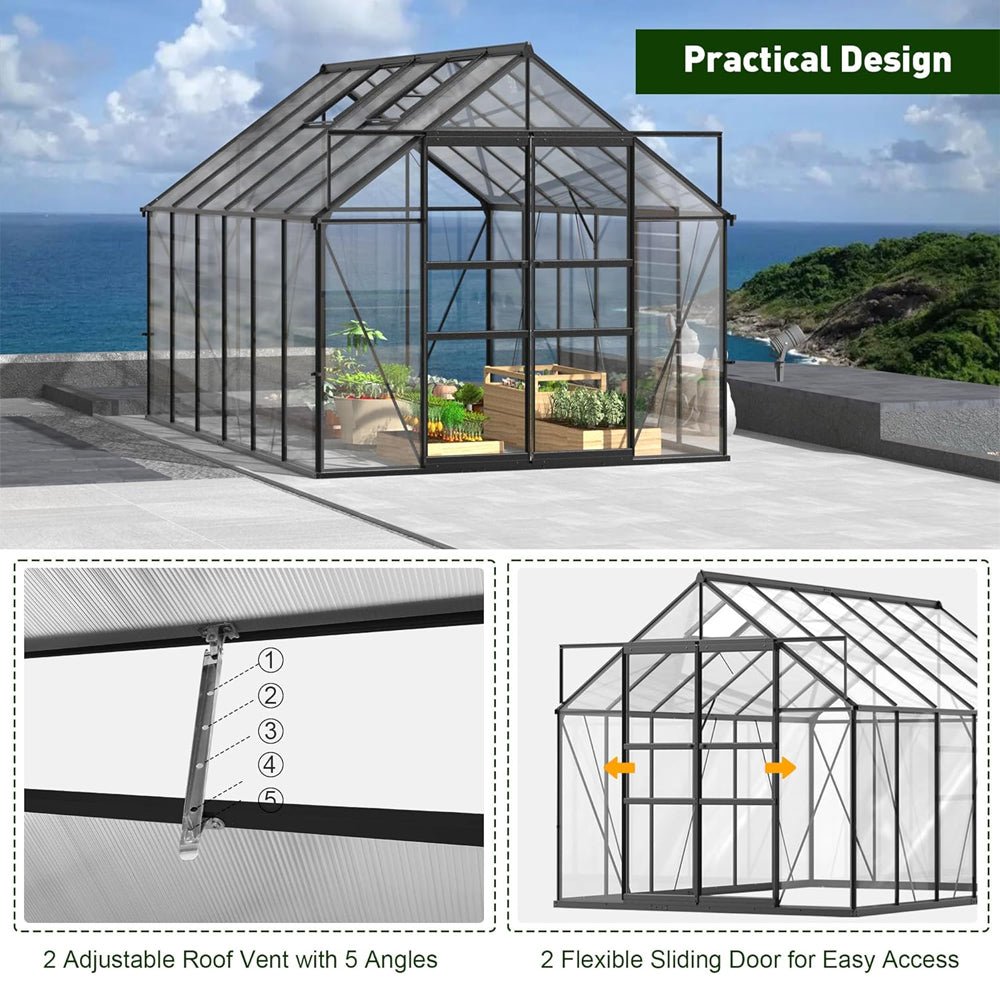 [08x12FT] Large Heavy Duty Outdoor Walk-In Polycarbonate Greenhouse Kit With Adjustable Vents And Sliding Doors (95736851)