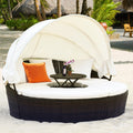 Large Outdoor Patio Rattan Daybed Sofa W/ Adjustable Table Top, Canopy & 3 Pillows, 76" (SAK91254)