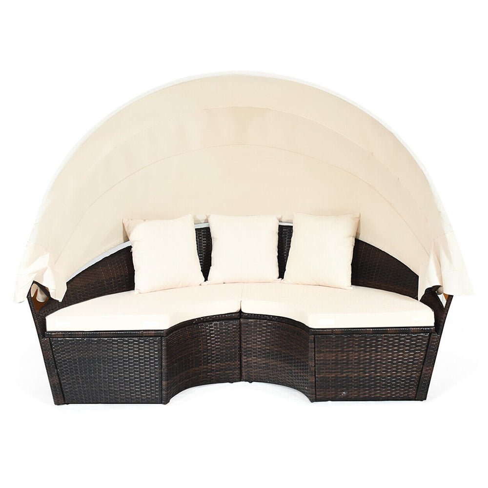 Large Outdoor Patio Rattan Daybed Sofa W/ Adjustable Table Top, Canopy & 3 Pillows, 76" (SAK91254)