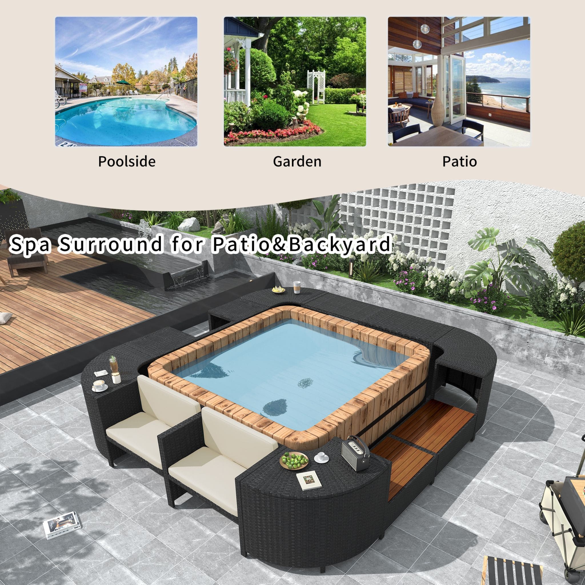 Large Outdoor Quadrilateral Spa Surround Rattan Sectional Sofa Set With Storage Compartments (SAK80217)