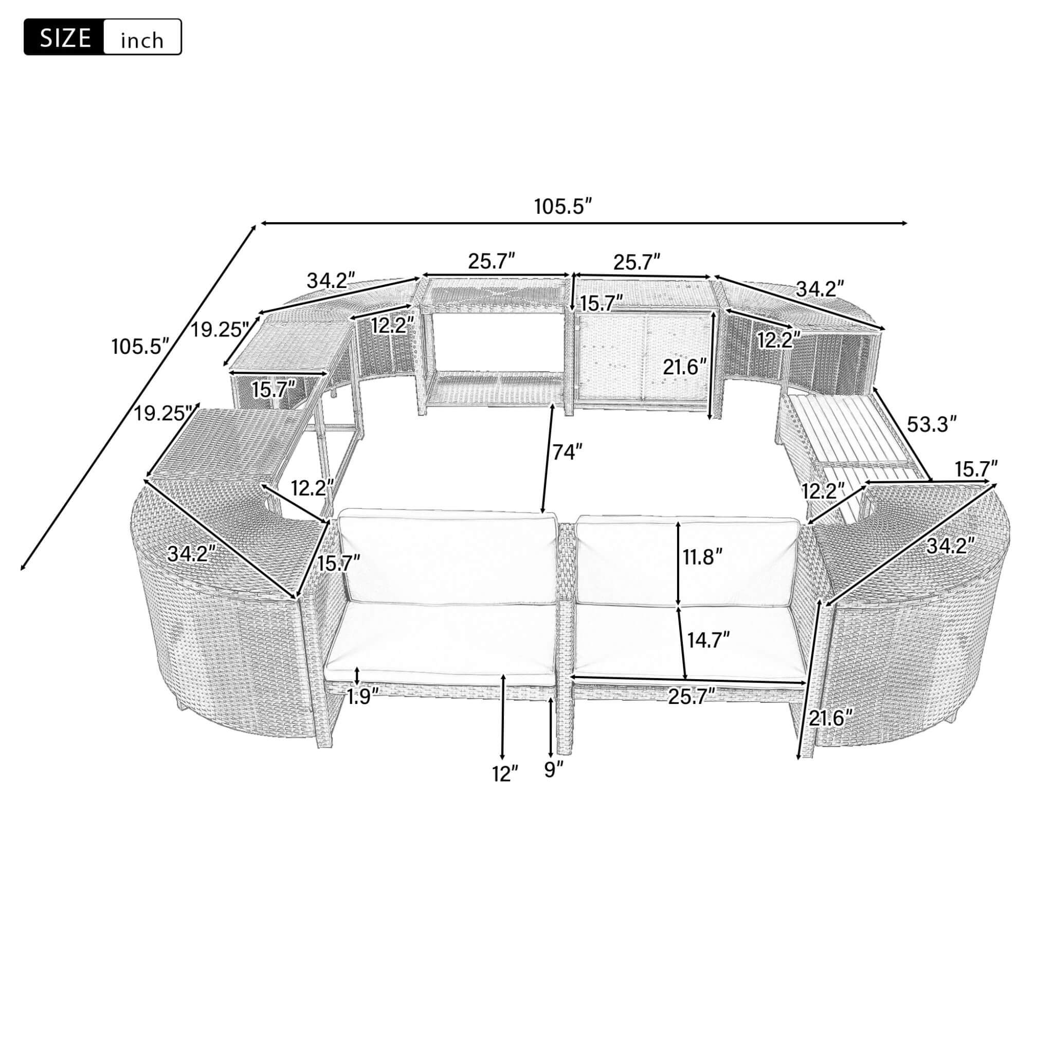 Large Outdoor Quadrilateral Spa Surround Rattan Sectional Sofa Set With Storage Compartments (SAK80217)