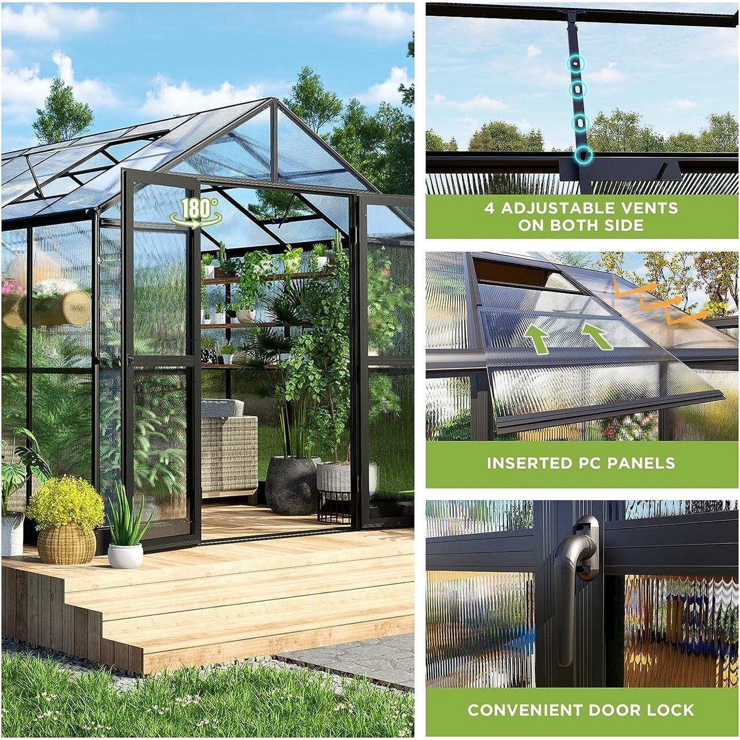 [08x12FT] Large Premium Outdoor Aluminum Polycarbonate Greenhouse With Double Swing Doors (SAK92641)