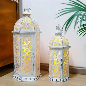 Set of 2 white metal lanterns, 15 in and 19.5 in tall, vintage lattice design with warm candlelight, by JHY DESIGN.