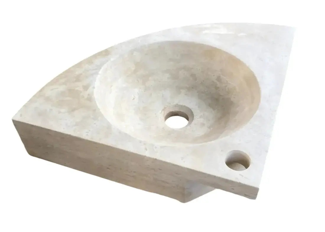 Villohome Troia Light Travertine wall-mount corner bathroom sink, beige travertine, 16x16x4 inches approx.