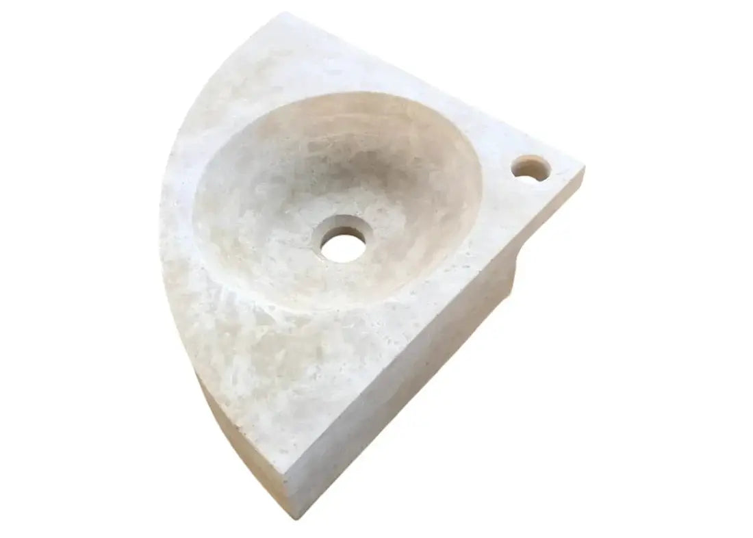 Troia Light Travertine wall-mount corner bathroom sink by Villohome, 16x16 in natural stone with circular basin