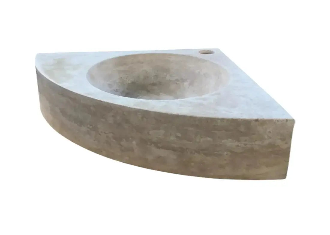 Troia Light Travertine wall-mount corner bathroom sink, Villohome, travertine stone, 16W x 16L x 4H inches