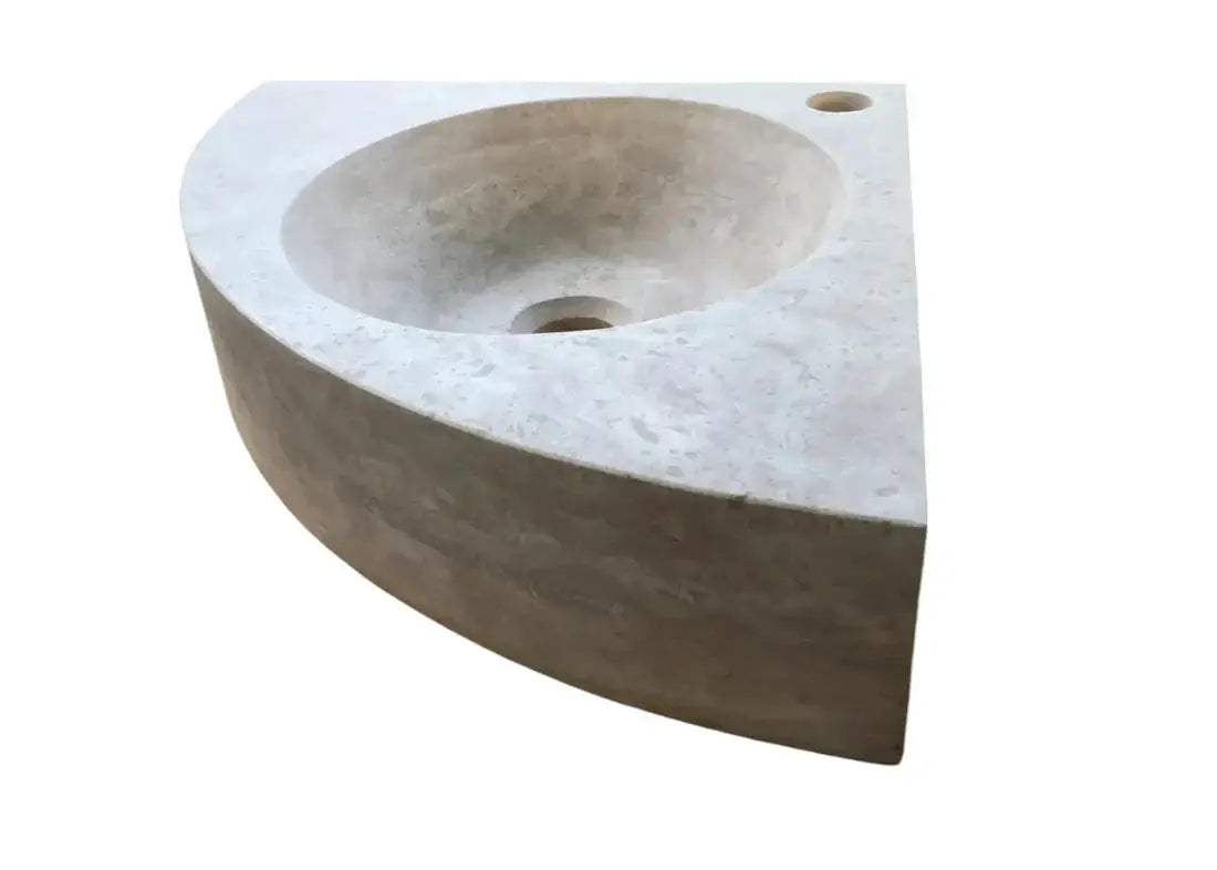 Villohome Troia Light Travertine wall-mount corner bathroom vanity sink, 16x16x4 inches