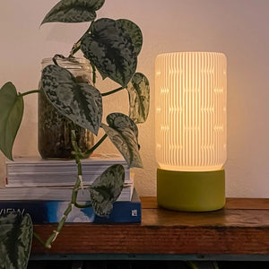 Liunk Table Lamp by Terra Labs with a cream ribbed shade and green base.