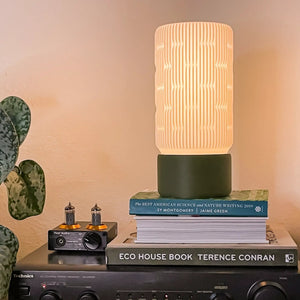 Liunk Table Lamp by Terra Labs; cream ribbed shade atop a dark base.