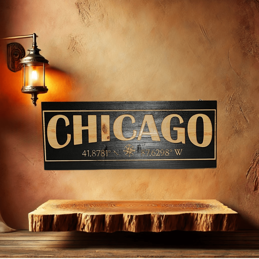 Location wood sign with personalized coordinates