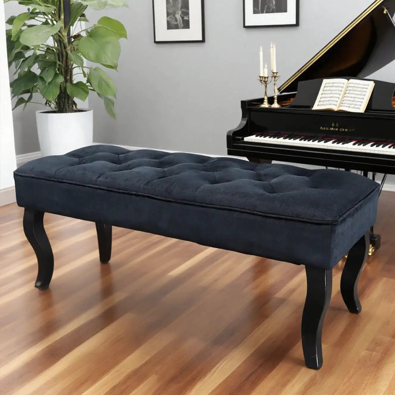 Ottoman bench, 16.5 inches tall, navy Dutch velvet with tufted top.