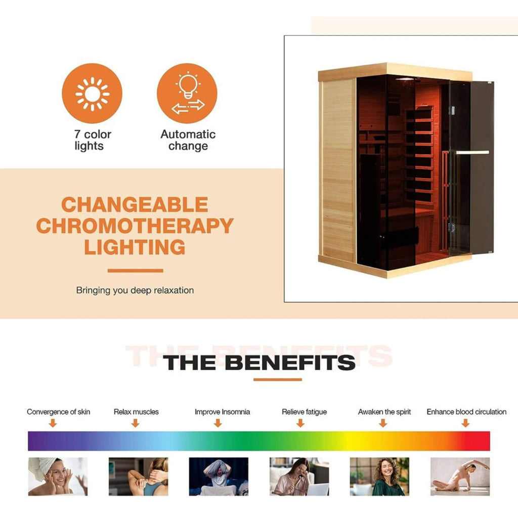Luxury 2-Person Low EMF FAR Infrared Heat Wood Home Personal Spa Sauna W/ Panoramic Tempered Glass, 2000W (SAK27481)