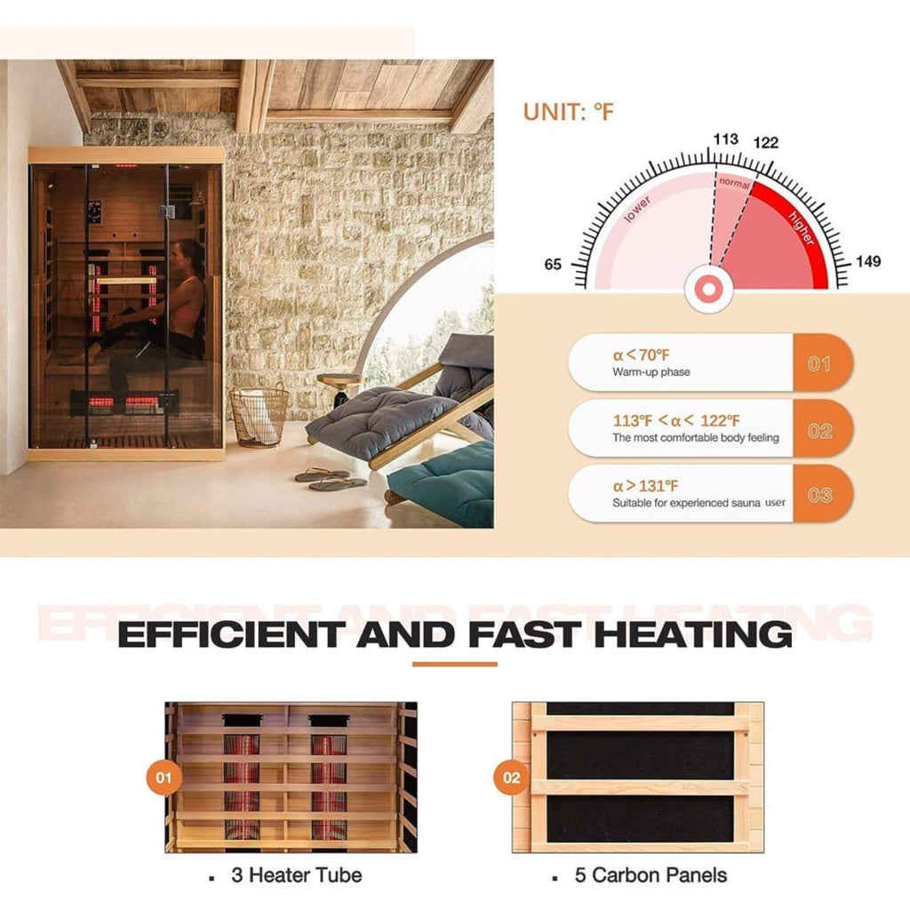 Luxury 2-Person Low EMF FAR Infrared Heat Wood Home Personal Spa Sauna W/ Panoramic Tempered Glass, 2000W (SAK27481)