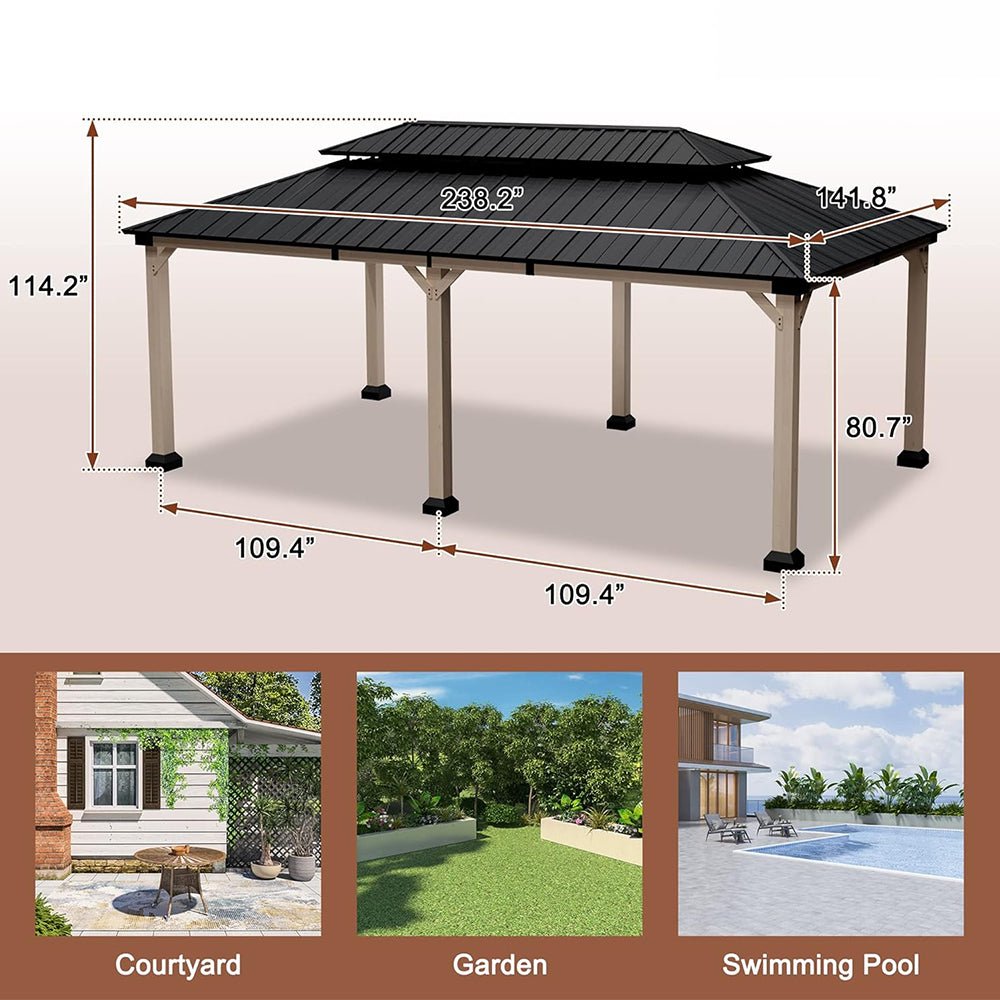 [12x20FT] Heavy Duty Backyard Cedar Wood Steel Hardtop Double Roof Gazebo Canopy (95726813)