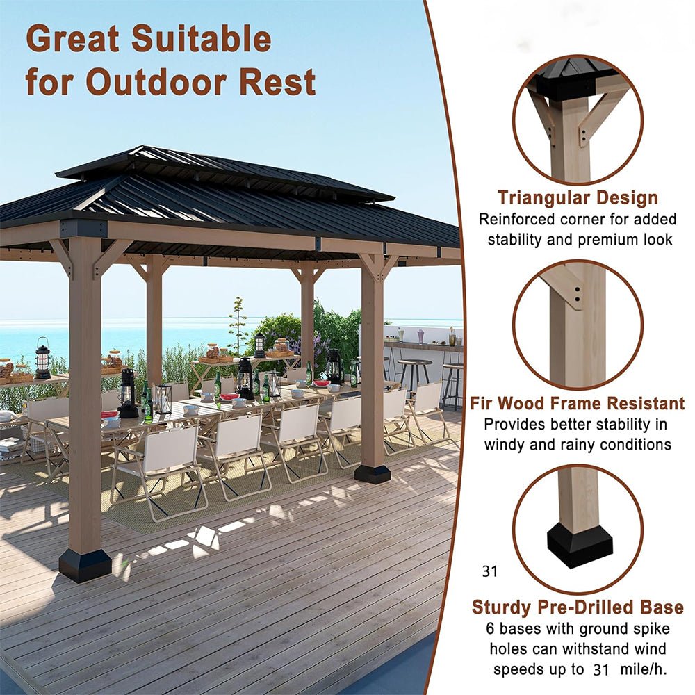 [12x20FT] Heavy Duty Backyard Cedar Wood Steel Hardtop Double Roof Gazebo Canopy (95726813)