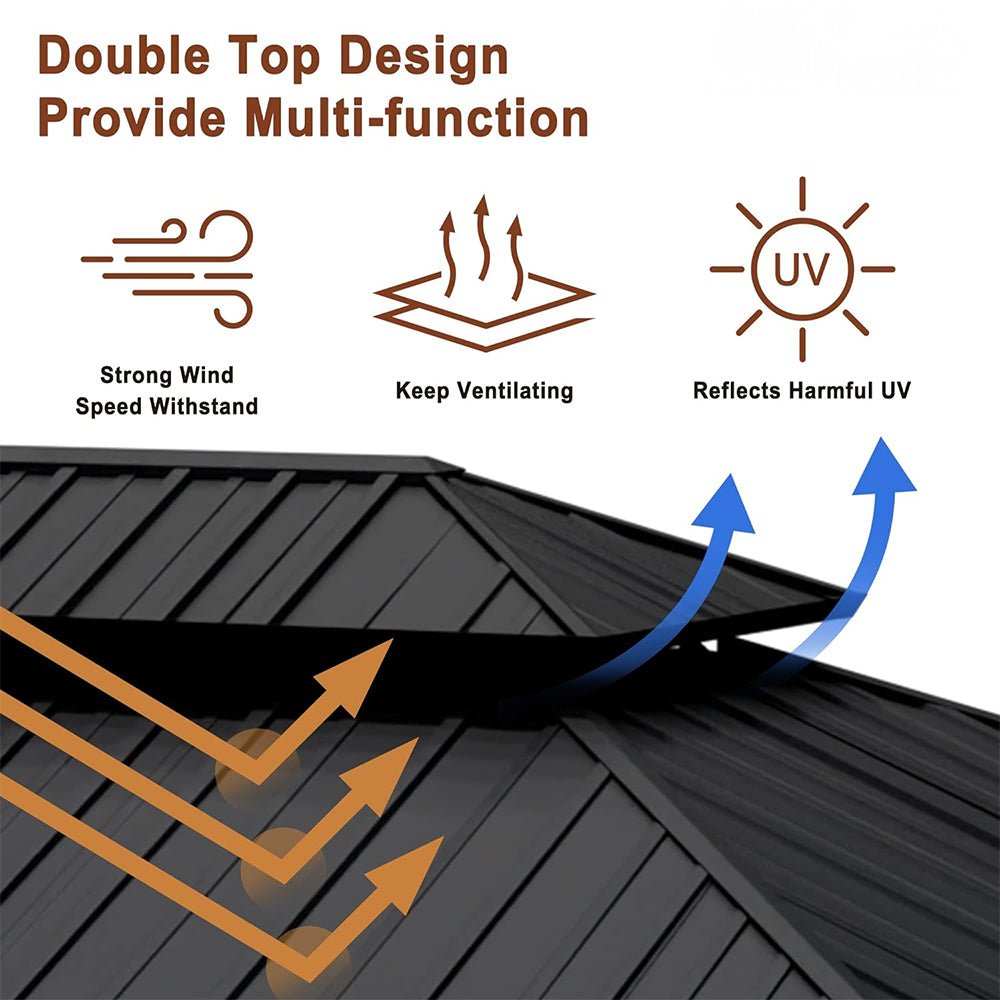 [12x20FT] Heavy Duty Backyard Cedar Wood Steel Hardtop Double Roof Gazebo Canopy (95726813)
