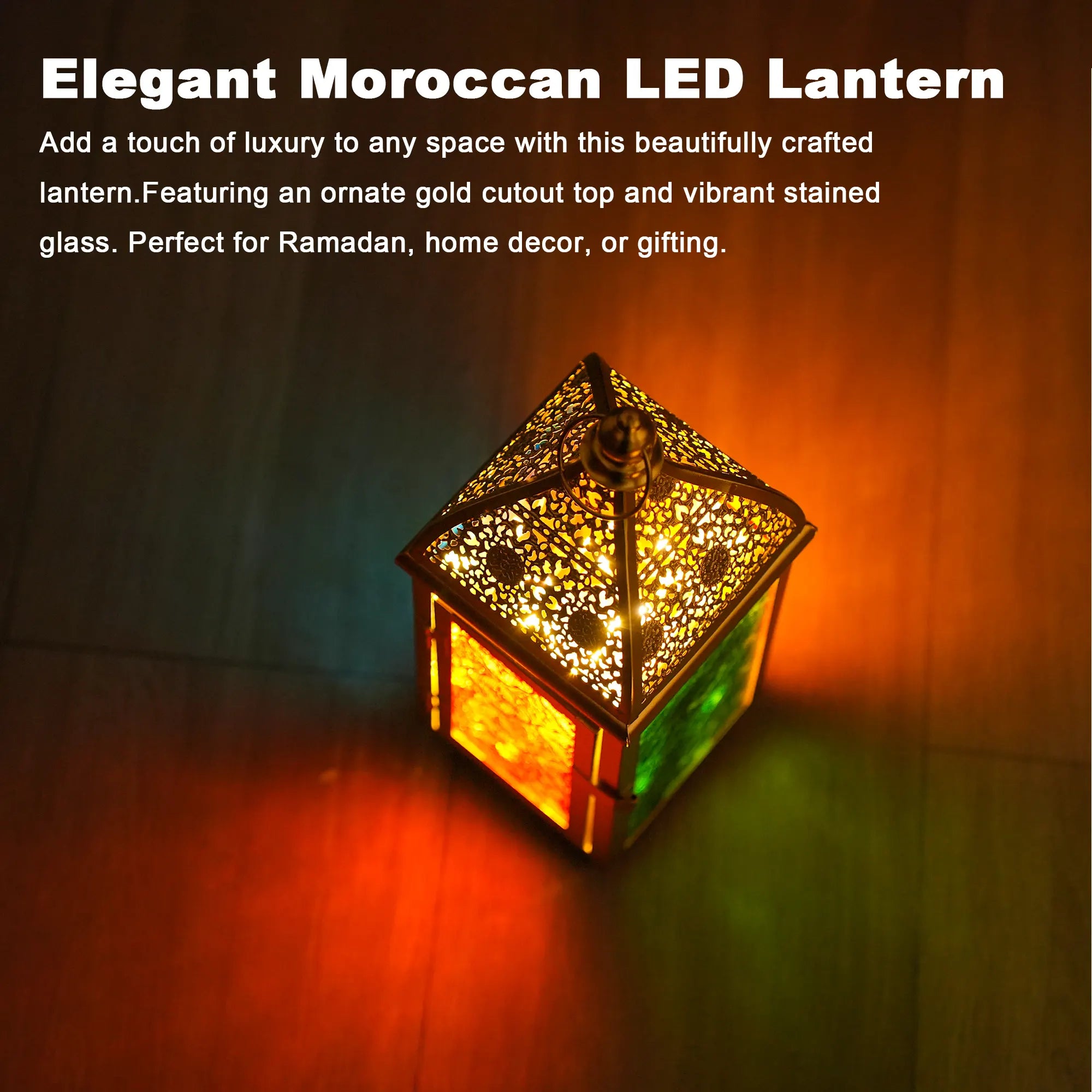 12'' Gold Moroccan candle lantern with ornate metal lattice and colorful stained glass panels