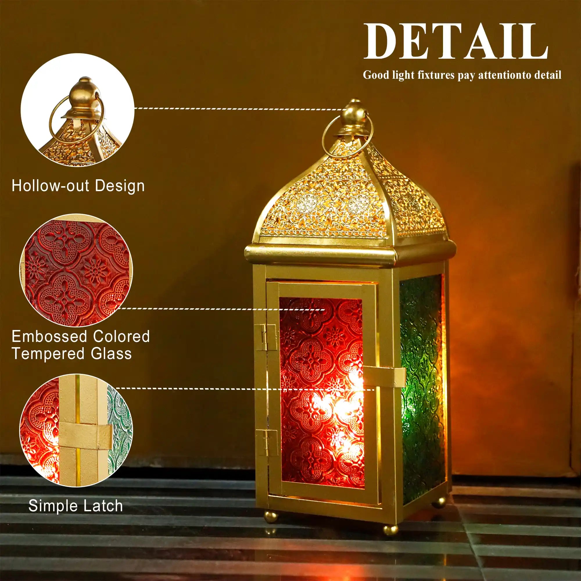 12'' Gold Moroccan Candle Lantern by JHY DESIGN with embossed colored tempered glass panels
