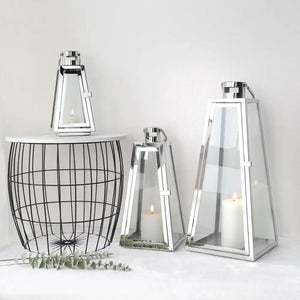 Decorative candle lantern set: three stainless steel lanterns with glass panels in 21, 16 and 11 inches
