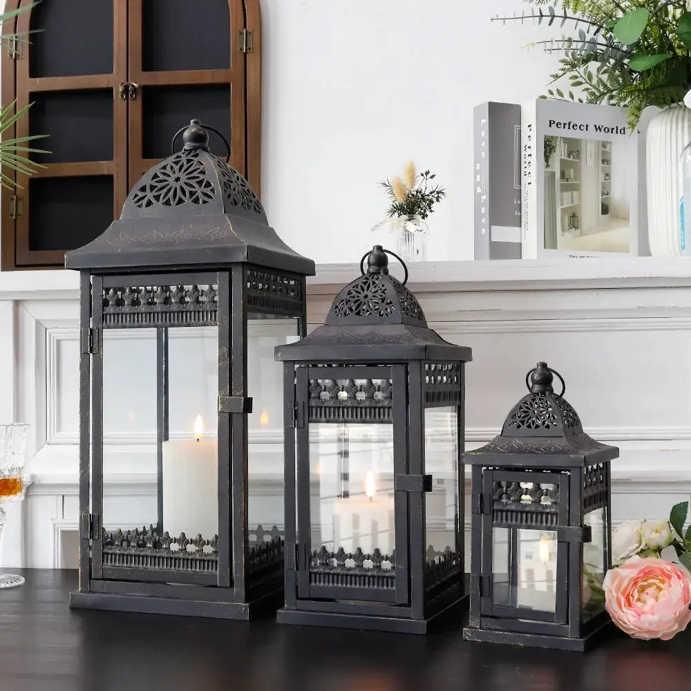 Decorative candle lanterns set of 3 by JHY DESIGN in black metal with glass panels