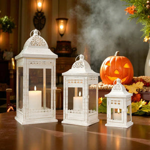 JHY DESIGN decorative candle lanterns set of 3; white lattice lanterns, heights 9.5, 14.5 and 20 in