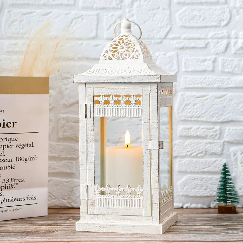 JHY DESIGN decorative candle lanterns set of 3 in distressed white metal with glass panels and candle inside