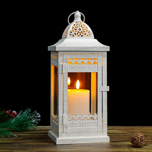 Decorative Candle Lanterns set of 3, white distressed metal with glass panels and warm candle glow