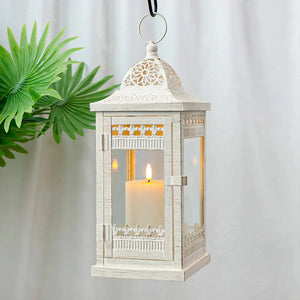 Candle lantern set of 3 in white distressed metal with glass panels and candle inside