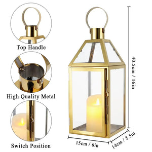 Gold stainless steel decorative candle lantern by JHY DESIGN, 16in tall with glass panels.