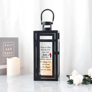 12''H Memorial Lantern in matte black metal with glass panels and a hanging handle.