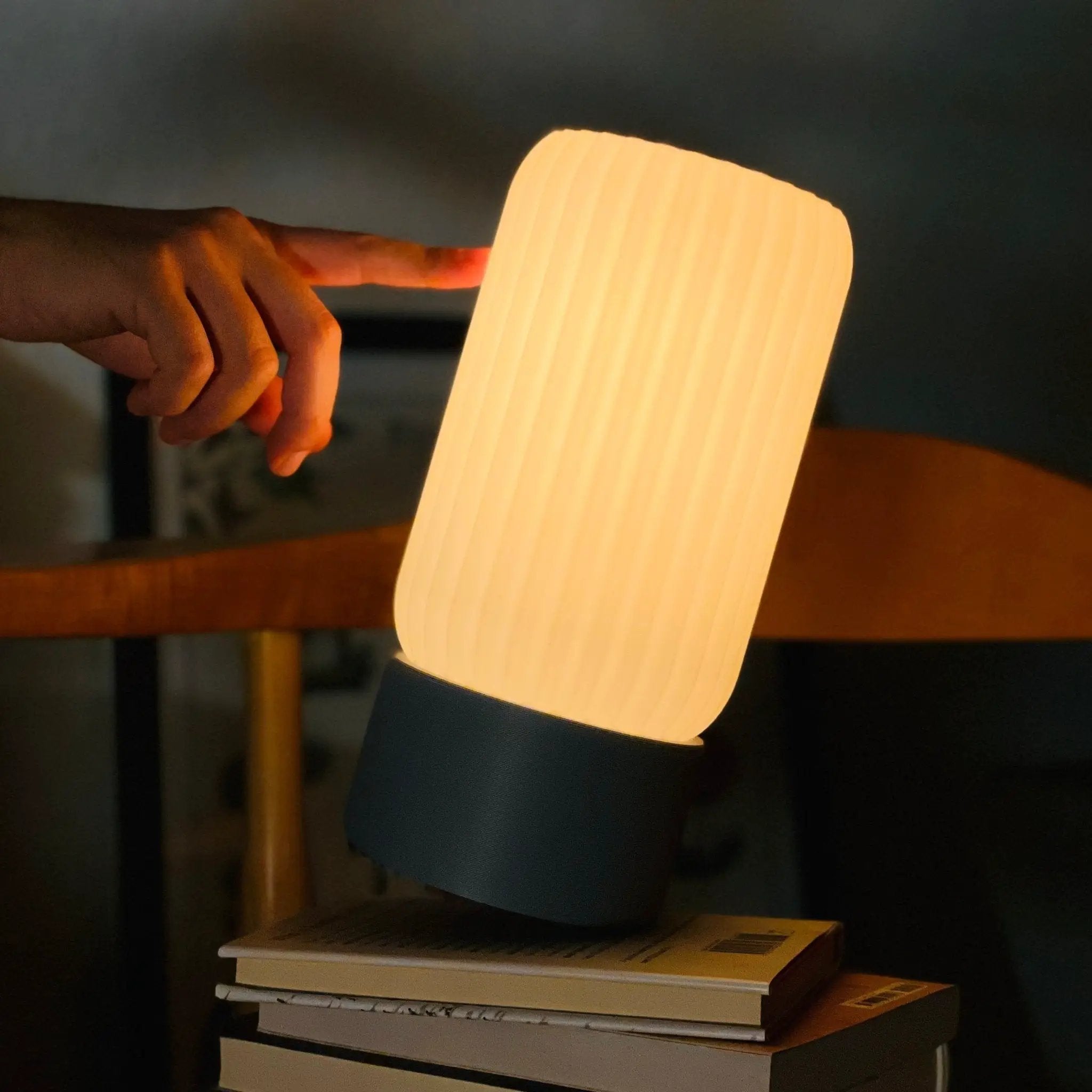 Milk Shade Barrel Table Lamp by Terra Labs; cream ribbed shade on dark base