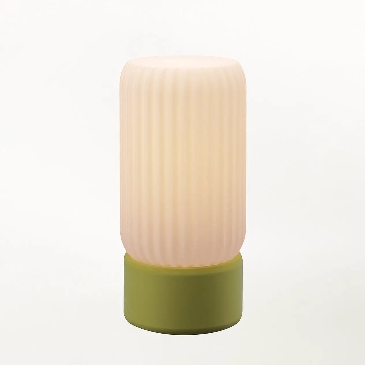 Milk Shade Barrel Table Lamp by Terra Labs, ribbed pale shade atop olive-green base