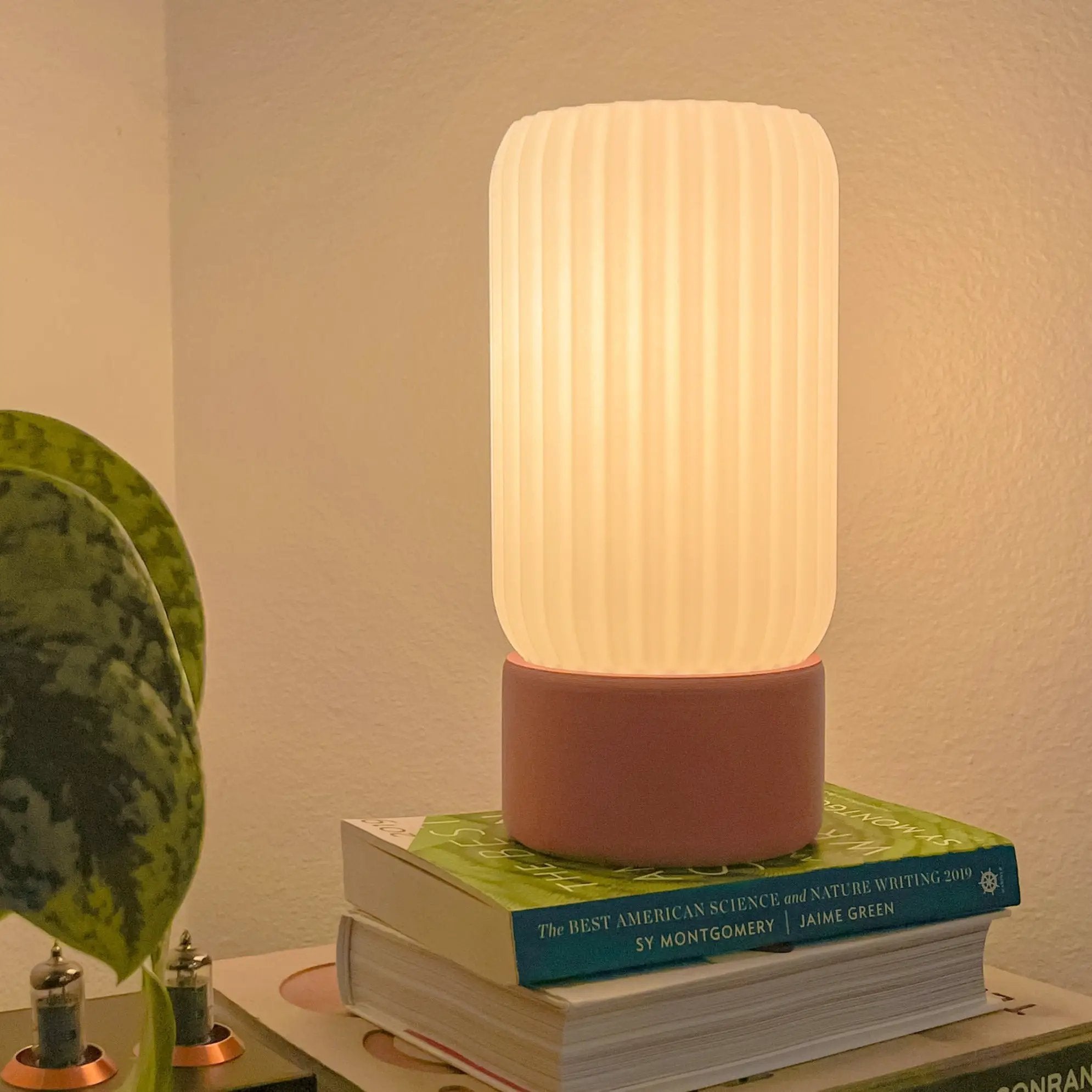 Milk Shade Barrel Table Lamp by Terra Labs, ribbed ivory shade on brown base