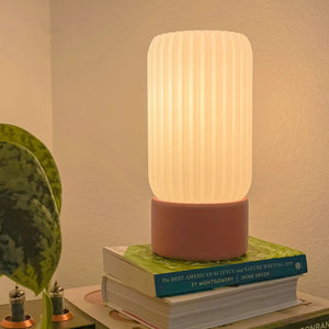 Milk Shade Barrel Table Lamp by Terra Labs, ribbed ivory shade on brown base