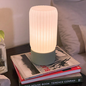 Milk Shade Barrel Table Lamp with ribbed white shade and teal base by Terra Labs