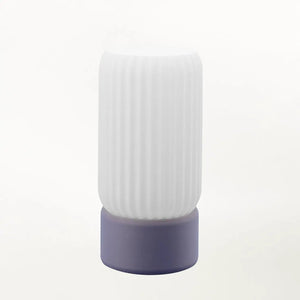 Milk Shade Barrel Table Lamp with white ribbed shade and purple base.