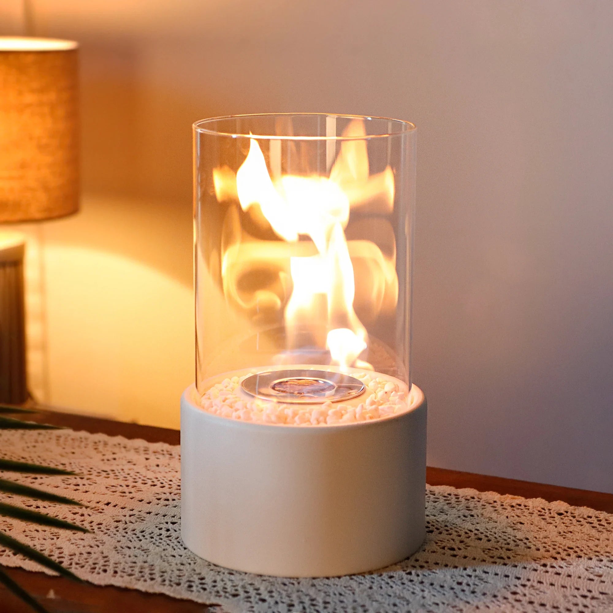 Tabletop Fire Bowl Pot Fireplace by JHY DESIGN; 10.5 in tall, glass cylinder, pebble bed, blue base.