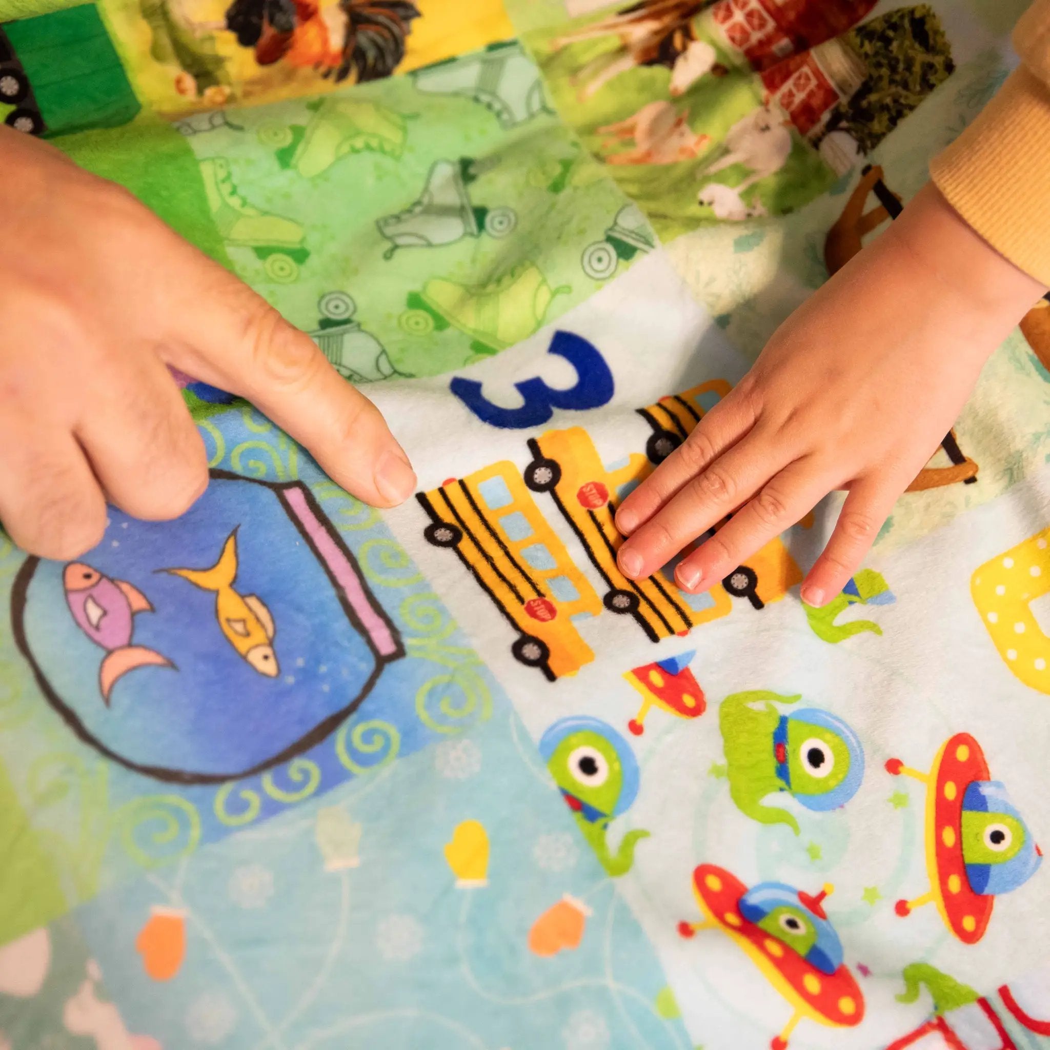 ABC Hidden Pictures Minky Quilt Panel, vibrant kids' fabric with animals and trains