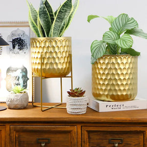 Flowerpots set of 2 in gold with honeycomb embossing, 12in and 18in tall.